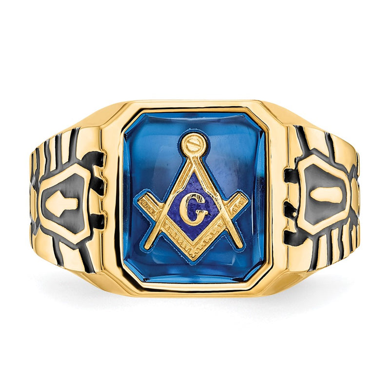 14K Yellow Gold Men's Polished, Antiqued and Grooved with Imitation Blue Spinel Masonic Ring