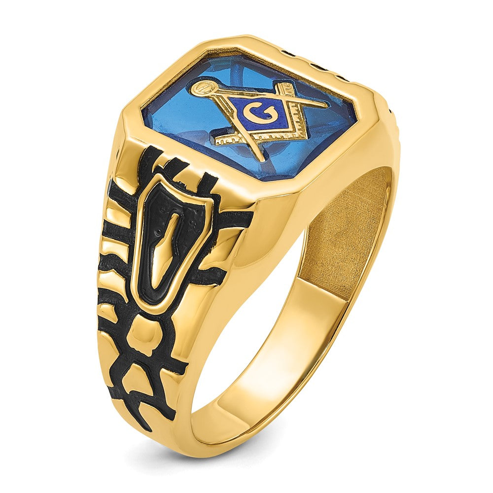 14K Yellow Gold Men's Polished, Antiqued and Grooved with Imitation Blue Spinel Masonic Ring