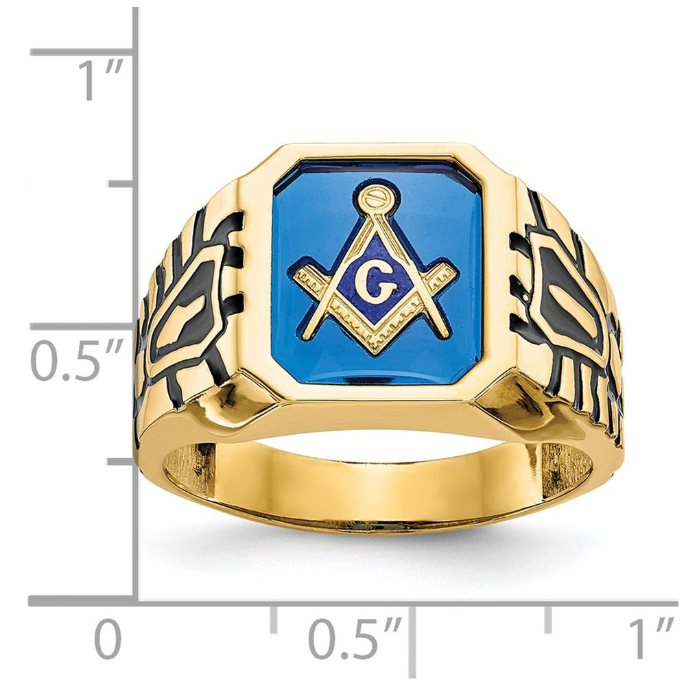 14K Yellow Gold Men's Polished, Antiqued and Grooved with Imitation Blue Spinel Masonic Ring