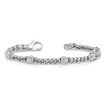 14K White Gold Complete 1 Carat Round A Diamond Bezel Curb Link 7 Inch Bracelet