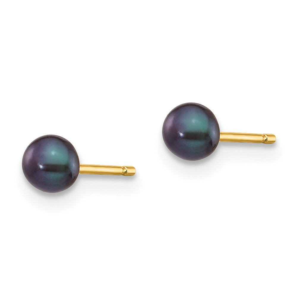 14K Yellow Gold 3-4mm Black Button Freshwater Cultured Pearl Stud Post Earrings