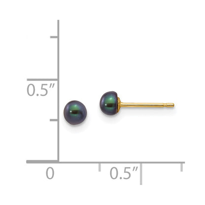 14K Yellow Gold 3-4mm Black Button Freshwater Cultured Pearl Stud Post Earrings