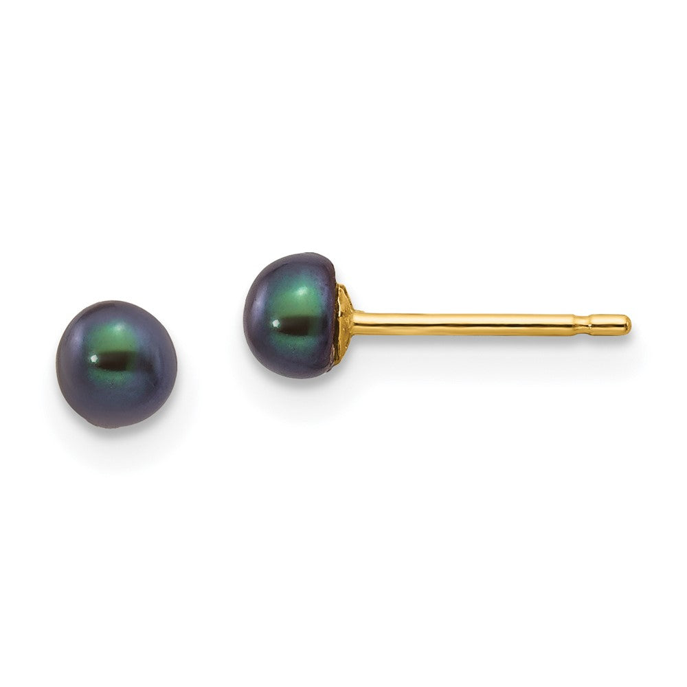14K Yellow Gold 3-4mm Black Button Freshwater Cultured Pearl Stud Post Earrings