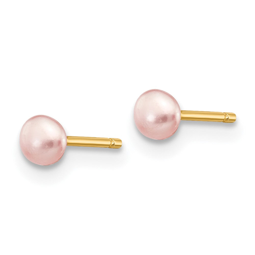 14K Yellow Gold 3-4mm Pink Button Freshwater Cultured Pearl Stud Post Earrings
