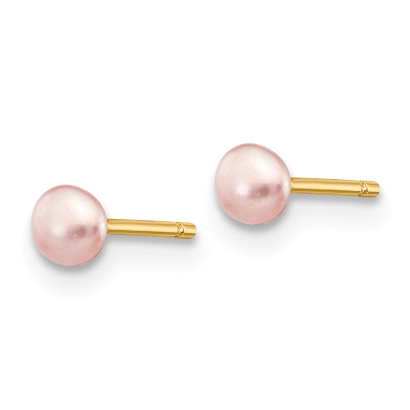 14K Yellow Gold 3-4mm Pink Button Freshwater Cultured Pearl Stud Post Earrings