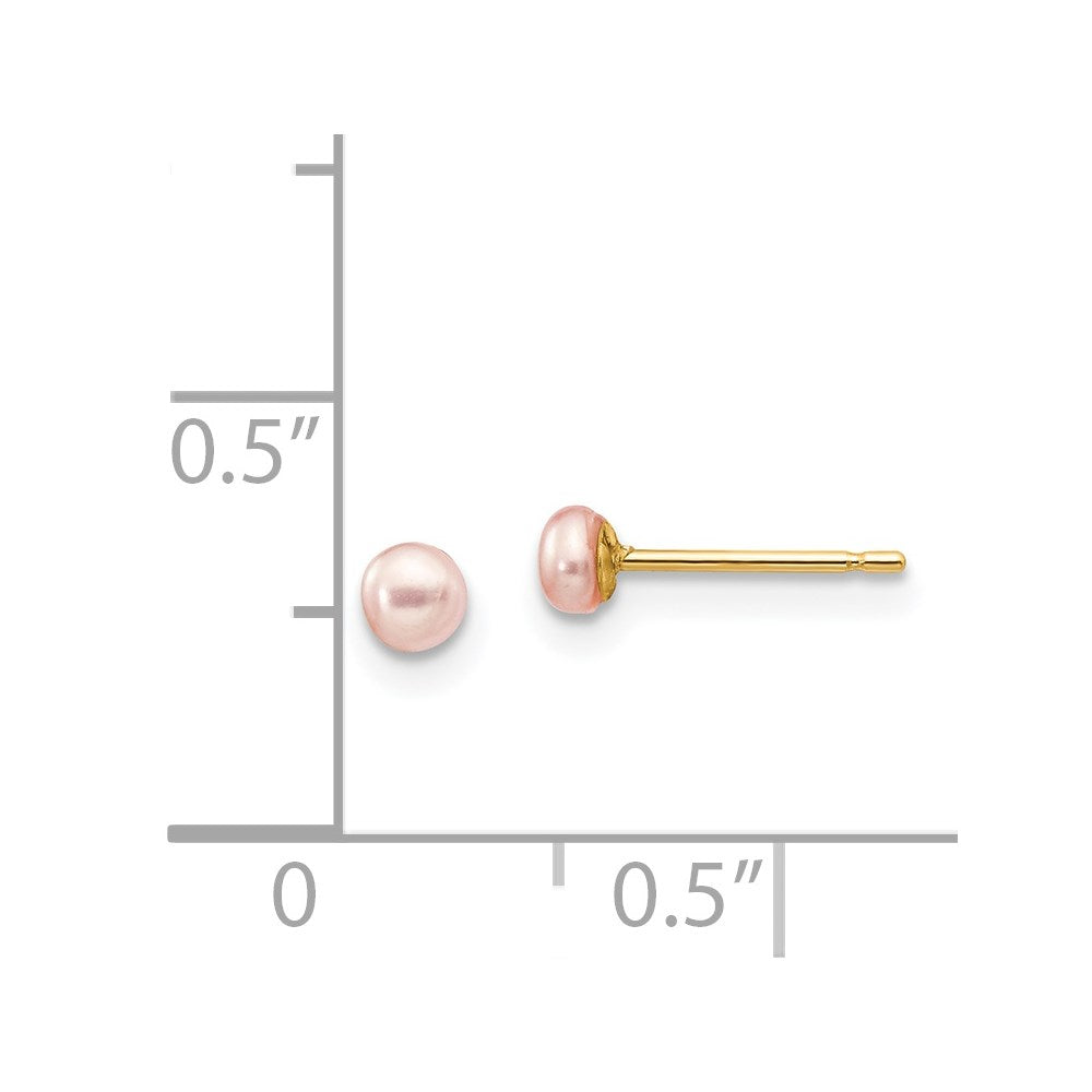 14K Yellow Gold 3-4mm Pink Button Freshwater Cultured Pearl Stud Post Earrings