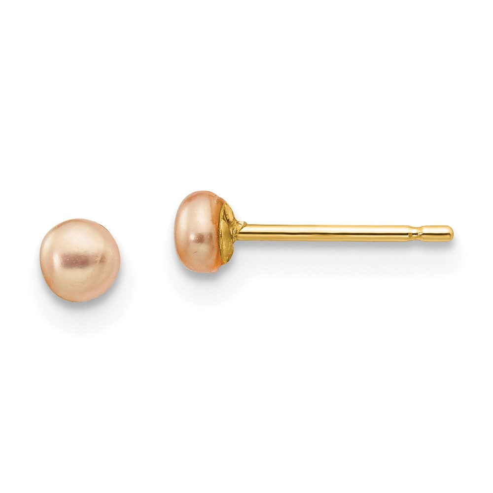 14K Yellow Gold 3-4mm Pink Button Freshwater Cultured Pearl Stud Post Earrings