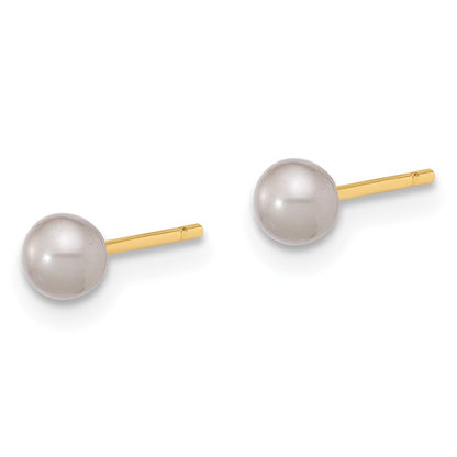 14K Yellow Gold 3-4mm Round Grey Freshwater Cultured Pearl Post Earrings