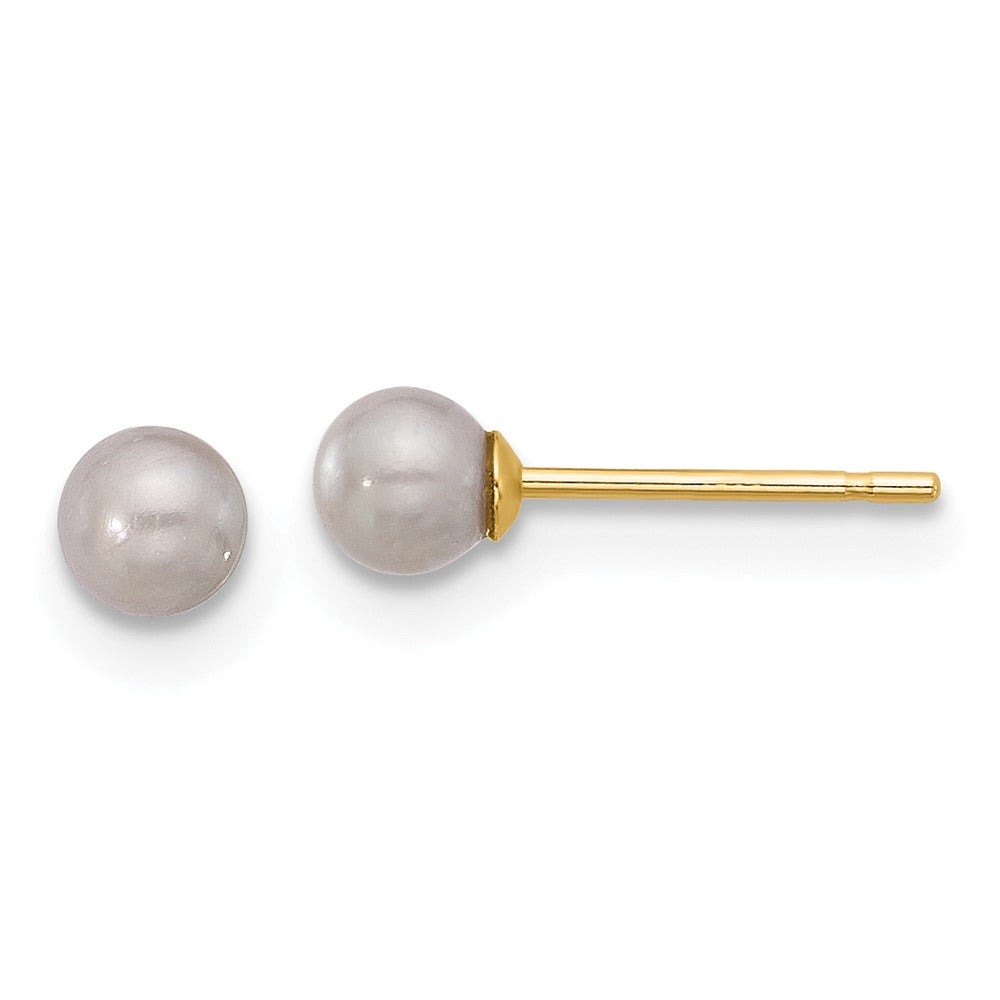 14K Yellow Gold 3-4mm Round Grey Freshwater Cultured Pearl Post Earrings