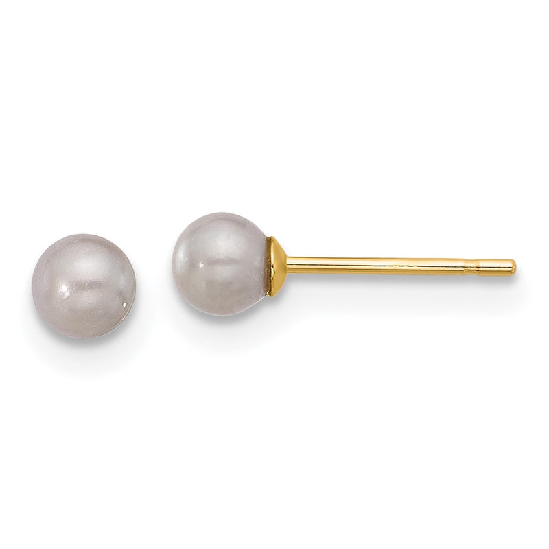 14K Yellow Gold 3-4mm Round Grey Freshwater Cultured Pearl Post Earrings