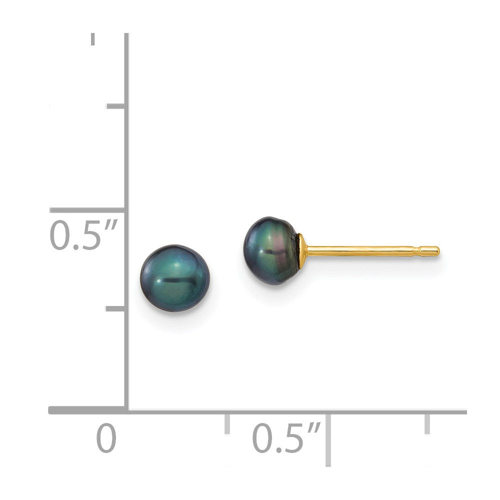 14K Yellow Gold 4-5mm Black Button Freshwater Cultured Pearl Stud Post Earrings