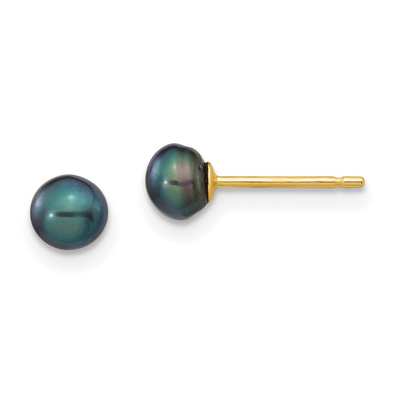 14K Yellow Gold 4-5mm Black Button Freshwater Cultured Pearl Stud Post Earrings