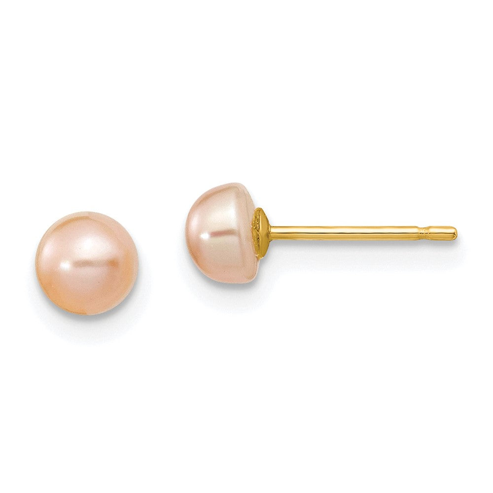14K Yellow Gold 4-5mm Pink Freshwater Cultured Button Pearl Stud Post Earrings