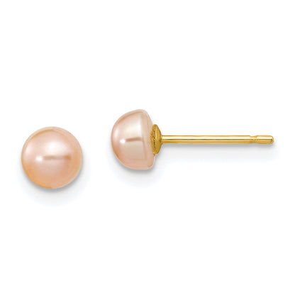14K Yellow Gold 4-5mm Pink Freshwater Cultured Button Pearl Stud Post Earrings
