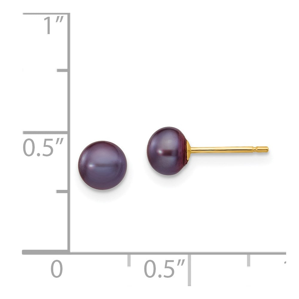 14K Yellow Gold 5-6mm Black Button Freshwater Cultured Pearl Stud Post Earrings