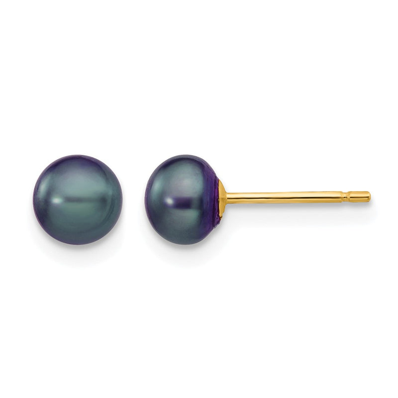 14K Yellow Gold 5-6mm Black Button Freshwater Cultured Pearl Stud Post Earrings