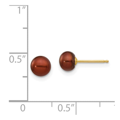 14K Yellow Gold 5-6mm Brown Button Freshwater Cultured Pearl Stud Post Earrings