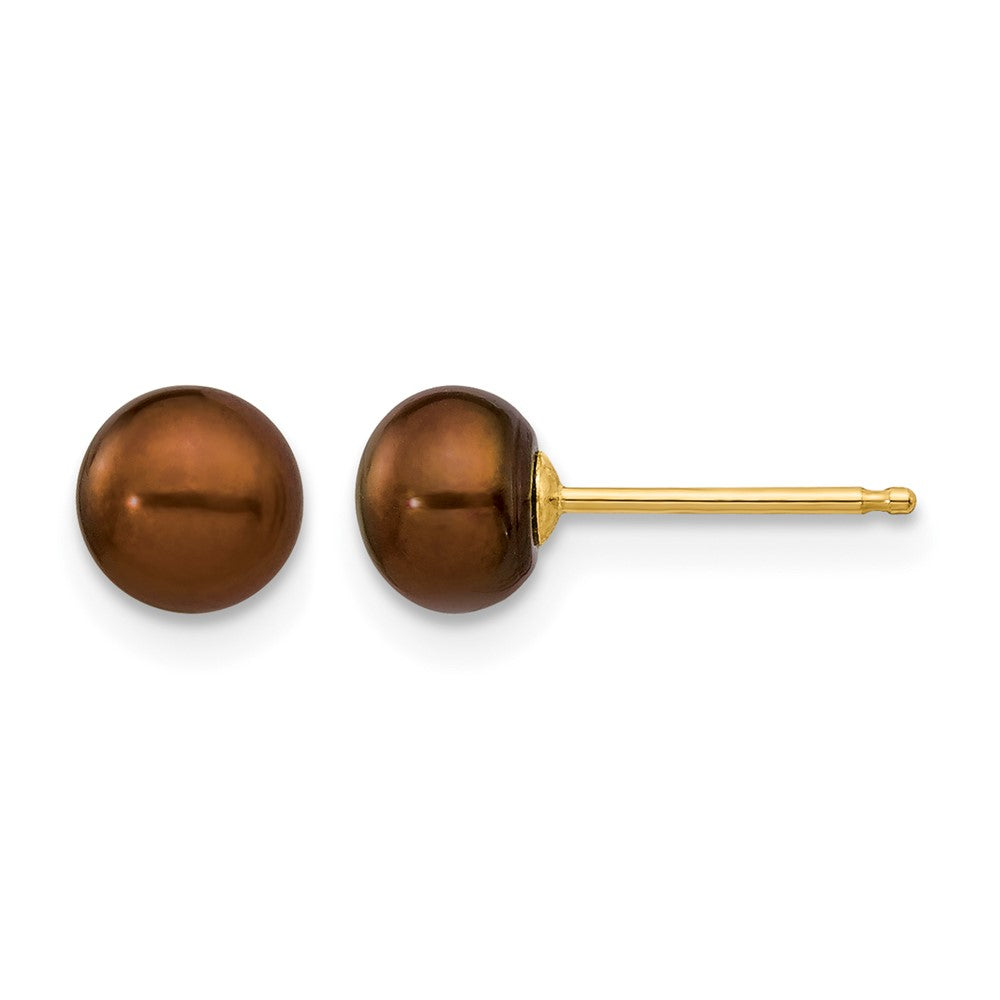 14K Yellow Gold 5-6mm Brown Button Freshwater Cultured Pearl Stud Post Earrings