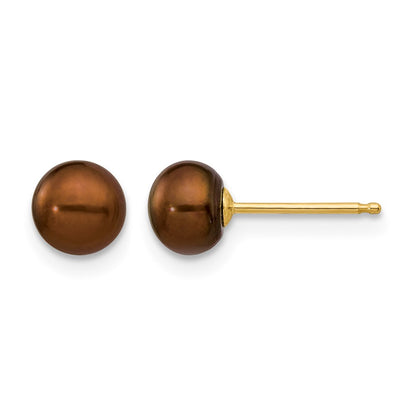 14K Yellow Gold 5-6mm Brown Button Freshwater Cultured Pearl Stud Post Earrings