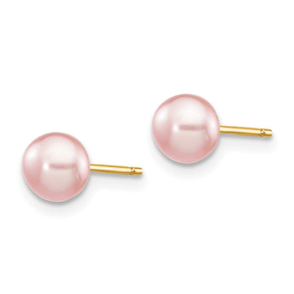 14K Yellow Gold 5-6mm Pink Button Freshwater Cultured Pearl Stud Post Earrings