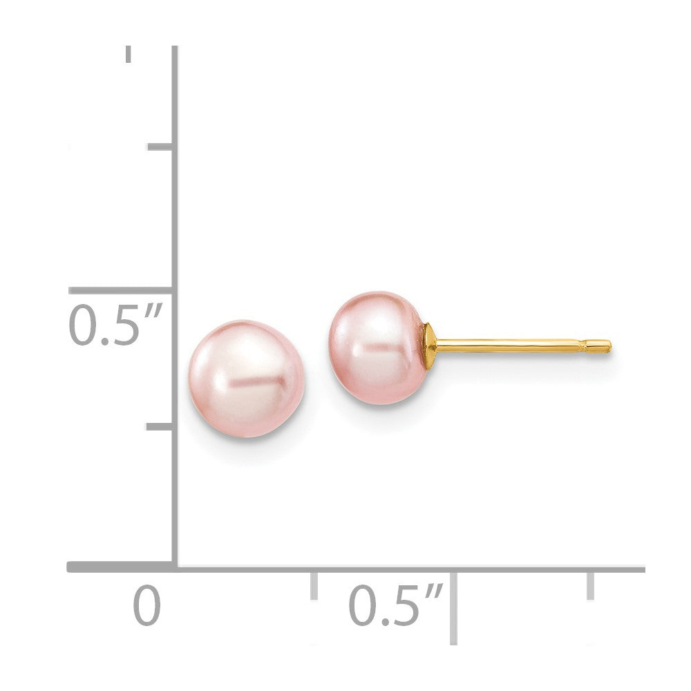 14K Yellow Gold 5-6mm Pink Button Freshwater Cultured Pearl Stud Post Earrings