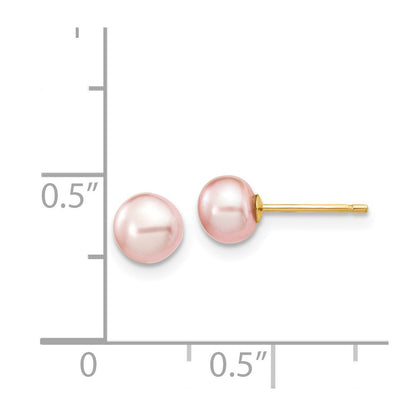 14K Yellow Gold 5-6mm Pink Button Freshwater Cultured Pearl Stud Post Earrings