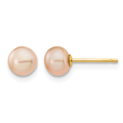 14K Yellow Gold 5-6mm Pink Button Freshwater Cultured Pearl Stud Post Earrings