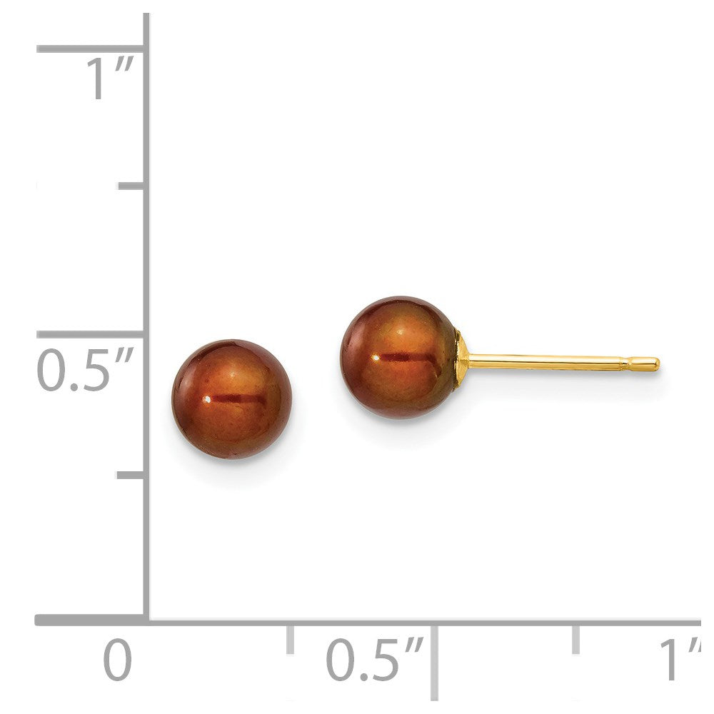 14K Yellow Gold 5 6mm Brown Round Freshwater Cultured Pearl Stud Post Earrings