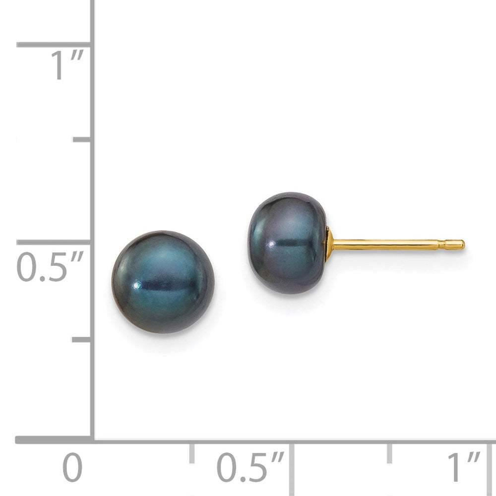 14K Yellow Gold 6-7mm Black Button Freshwater Cultured Pearl Stud Post Earrings
