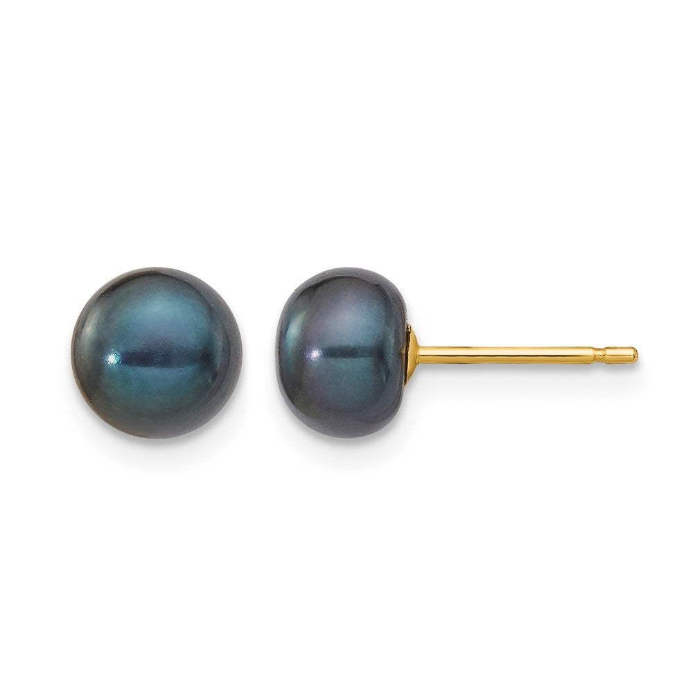 14K Yellow Gold 6-7mm Black Button Freshwater Cultured Pearl Stud Post Earrings