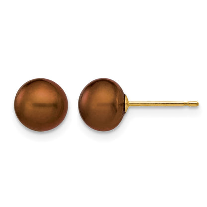 14K Yellow Gold 6-7mm Brown Button Freshwater Cultured Pearl Stud Post Earrings