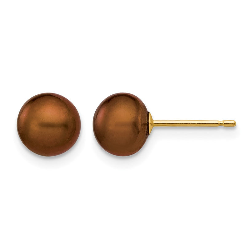 14K Yellow Gold 6-7mm Brown Button Freshwater Cultured Pearl Stud Post Earrings