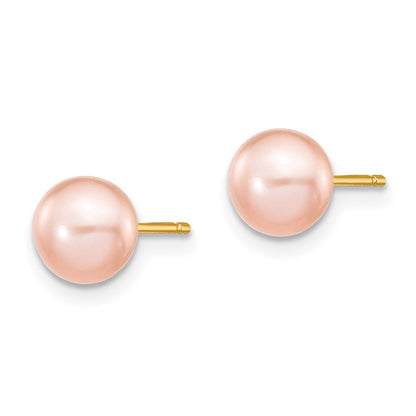 14K Yellow Gold 6-7mm Pink Button Freshwater Cultured Pearl Stud Post Earrings