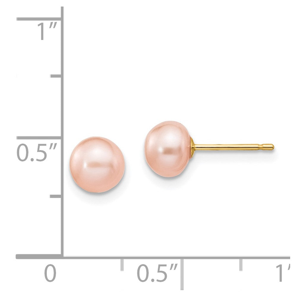 14K Yellow Gold 6-7mm Pink Button Freshwater Cultured Pearl Stud Post Earrings