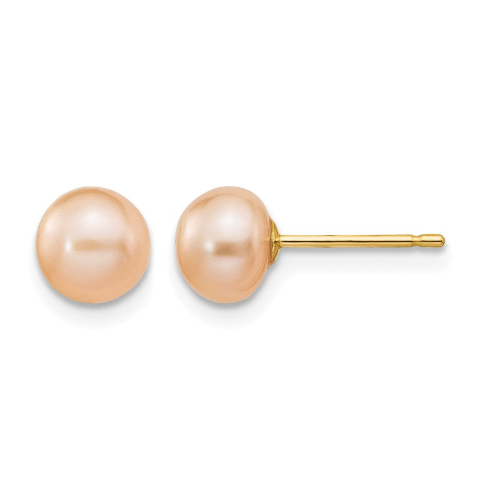 14K Yellow Gold 6-7mm Pink Button Freshwater Cultured Pearl Stud Post Earrings