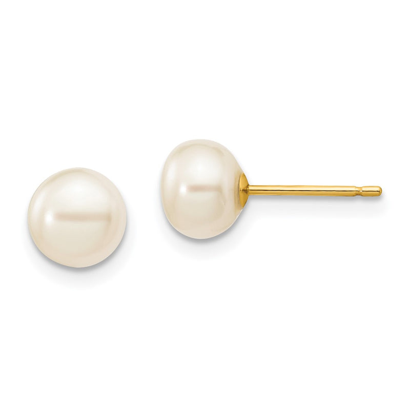 14K Yellow Gold 6 7mm White Button Freshwater Cultured Pearl Stud Post Earrings