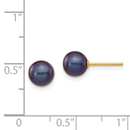 14K Yellow Gold 6 7mm Black Round Freshwater Cultured Pearl Stud Post Earrings