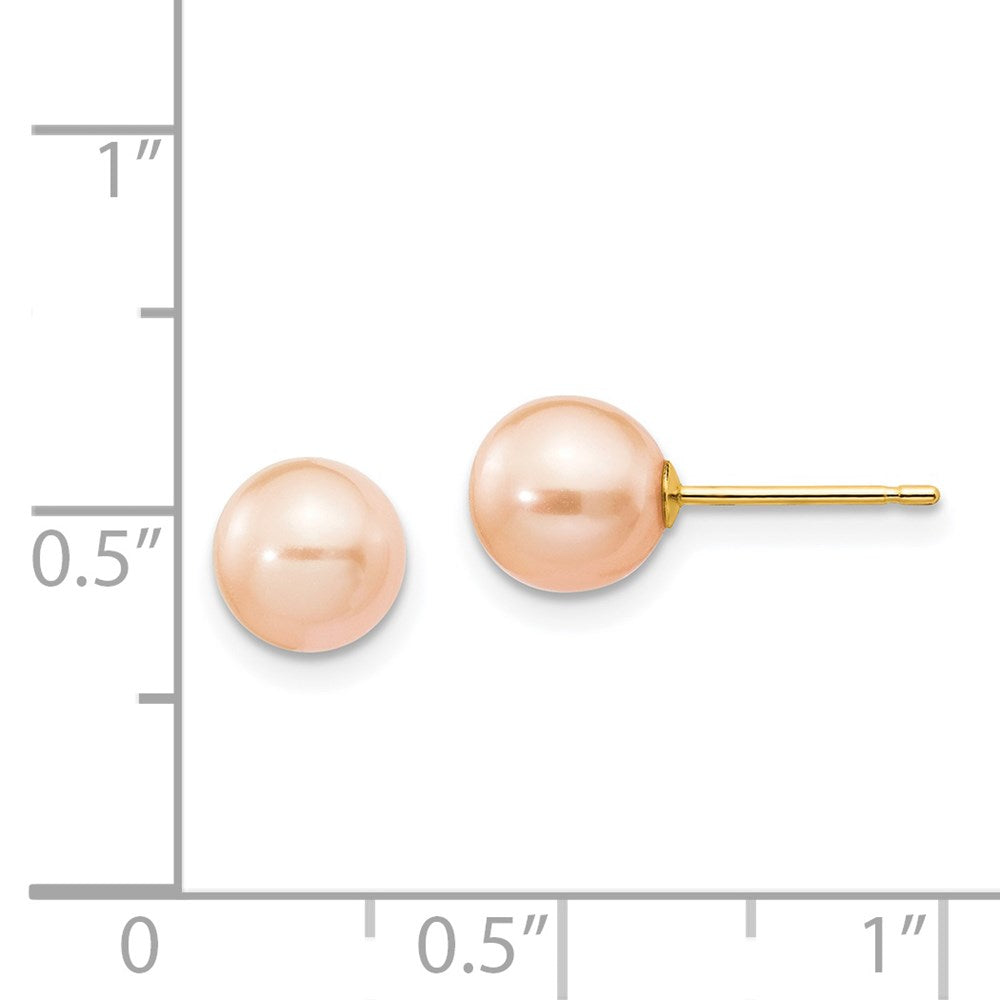 14K Yellow Gold 6 7mm Pink Round Freshwater Cultured Pearl Stud Post Earrings