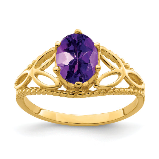 14K Yellow Gold 8x6mm Oval Amethyst Checker ring