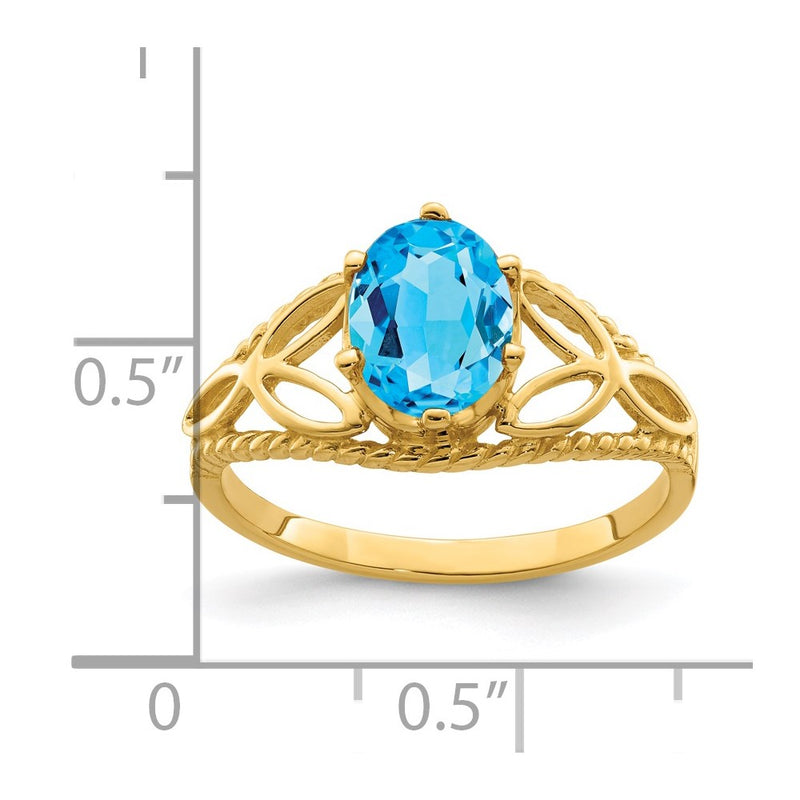14K Yellow Gold 8x6mm Oval Blue Topaz Checker ring