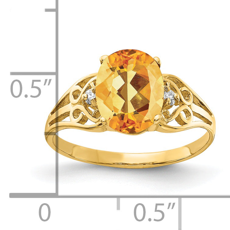 14K Yellow Gold 9X7mm Oval Citrine Vs Diamond Ring
