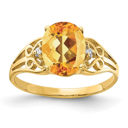 14K Yellow Gold 9X7mm Oval Citrine Aaa Diamond Ring