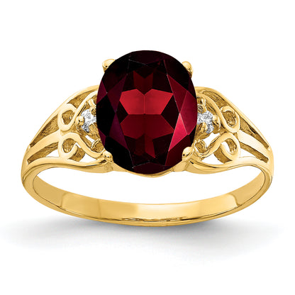 14K Yellow Gold 9X7mm Oval Garnet Checker Aa Diamond Ring