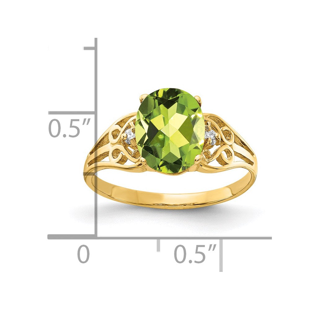 14K Yellow Gold 9X7mm Oval Peridot Checker A Diamond Ring