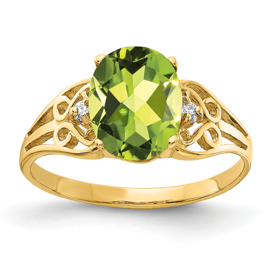 14K Yellow Gold 9X7mm Oval Peridot Aa Diamond Ring