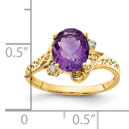 14K Yellow Gold 9X7mm Oval Amethyst Checker Aaa Diamond Ring