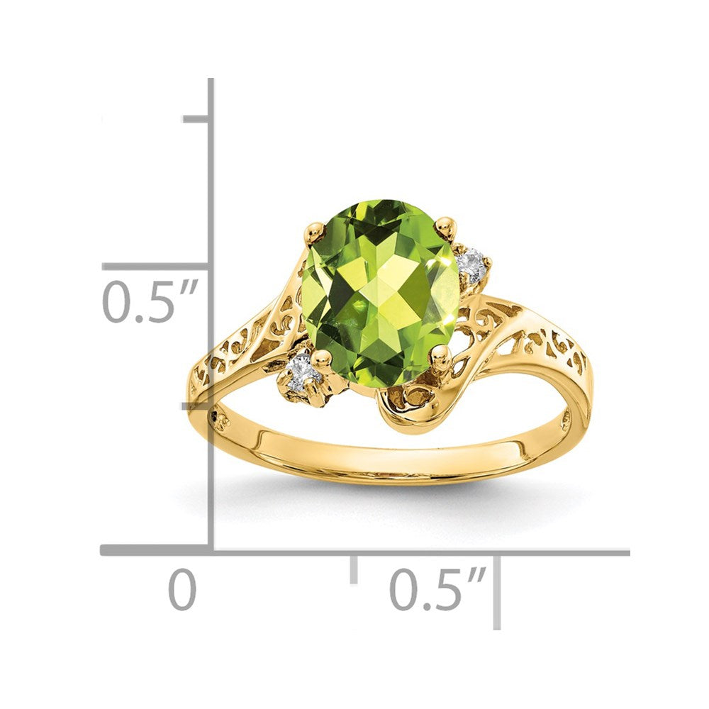 14K Yellow Gold 9X7mm Oval Peridot Checker A Diamond Ring