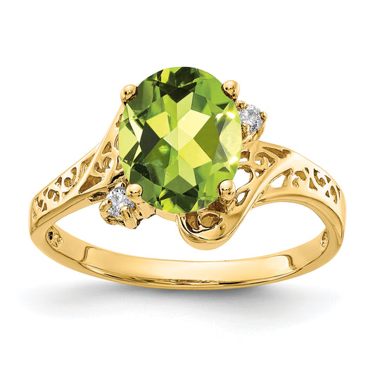 14K Yellow Gold 9X7mm Oval Peridot Checker Aaa Diamond Ring