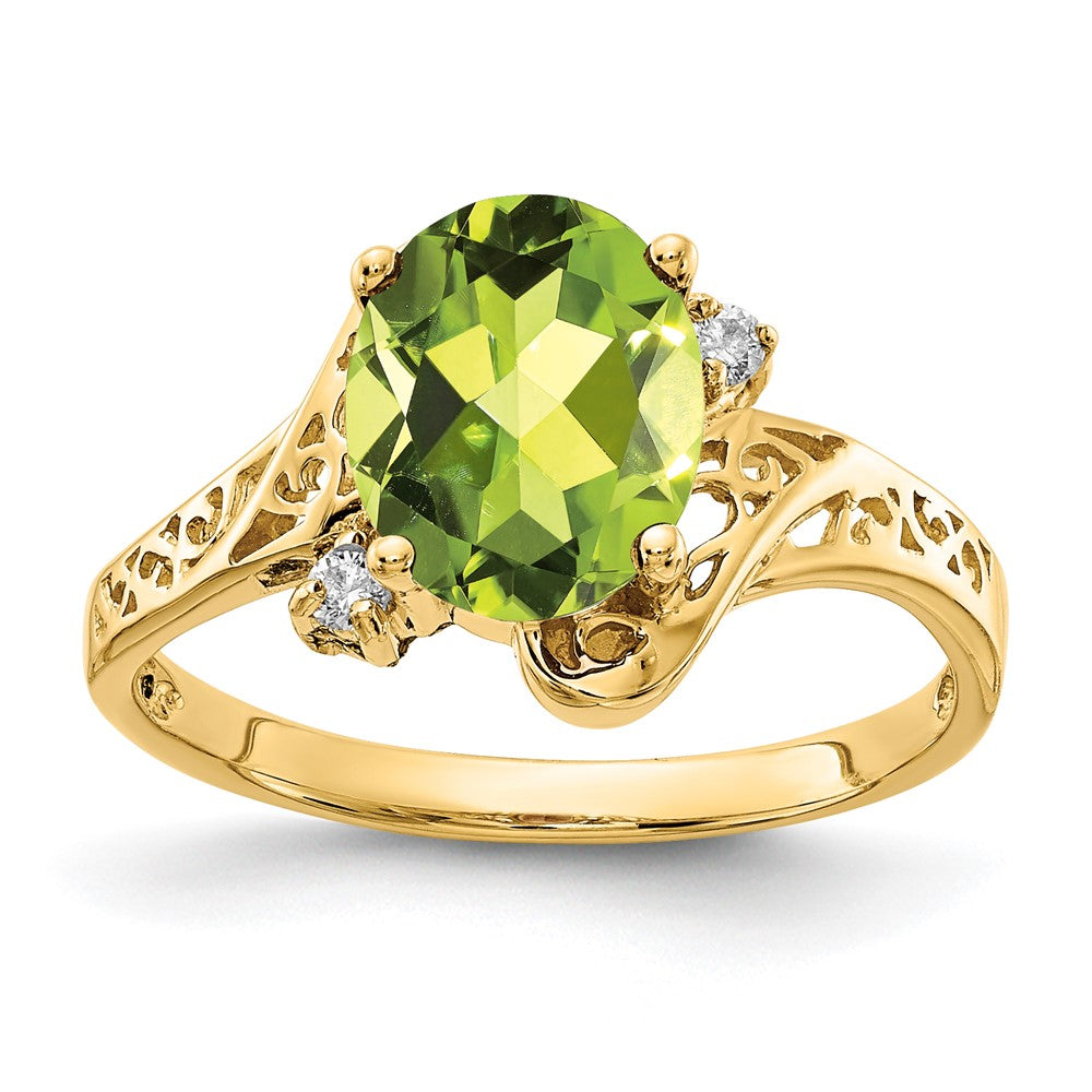 14K Yellow Gold 9X7mm Oval Peridot Checker A Diamond Ring