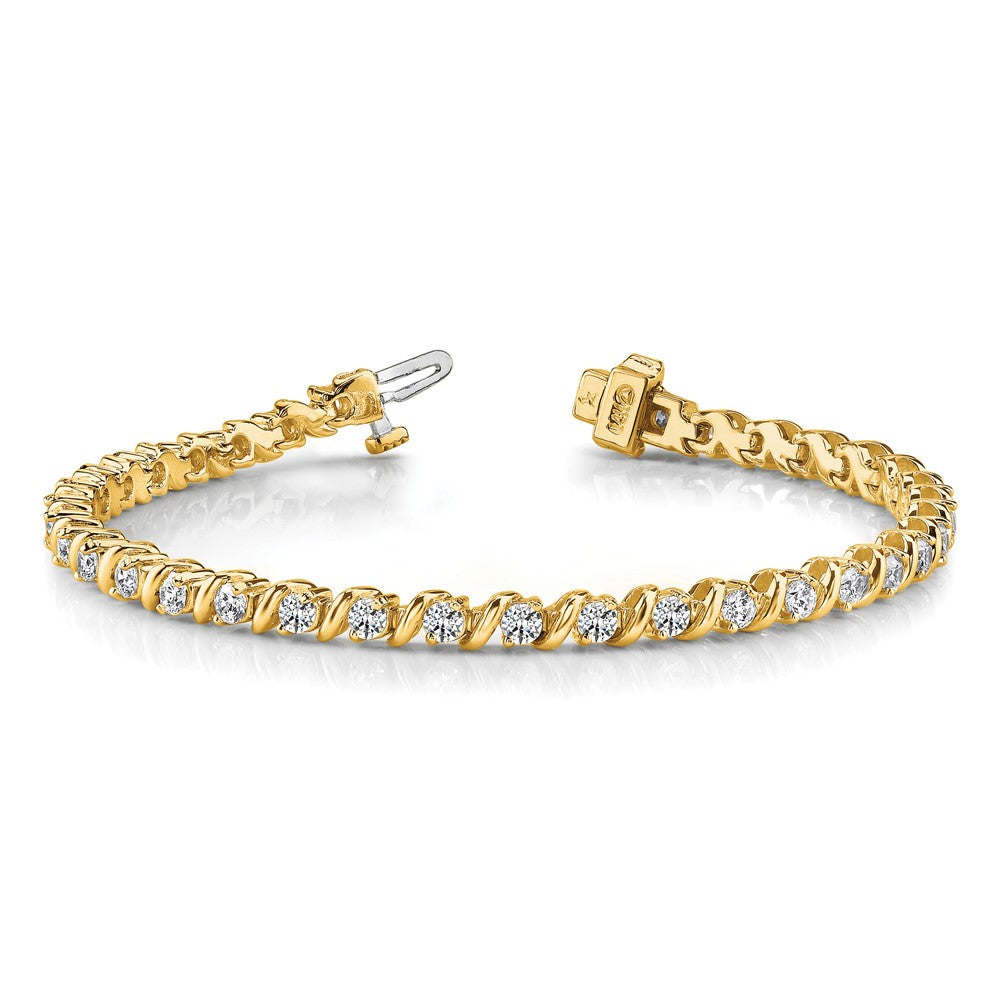 14K Yellow Gold Complete 2 Carat Round Aa Diamond Swirled Prong 7 Inch Tennis Bracelet